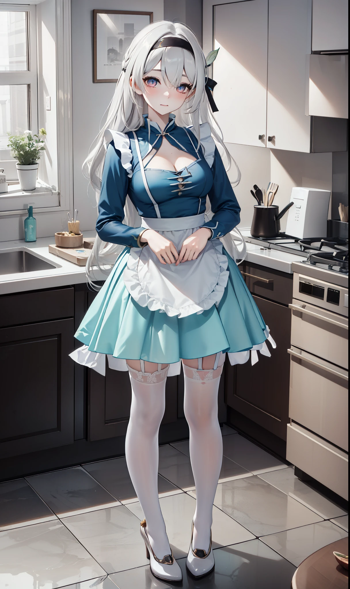 goddess，obsessed，  Have Fun  ，in love，( Transparent uniform， Wearing a long skirt )，Silver Hair，  transparent clothes ，Exquisite hair accessories，  transparent lace  ，Red cheongsam，Leggings，night，Dress nicely，Lonely，night，Long socks ，  a pretty face ，garter，kitchen，  transparent apron，Is stealing