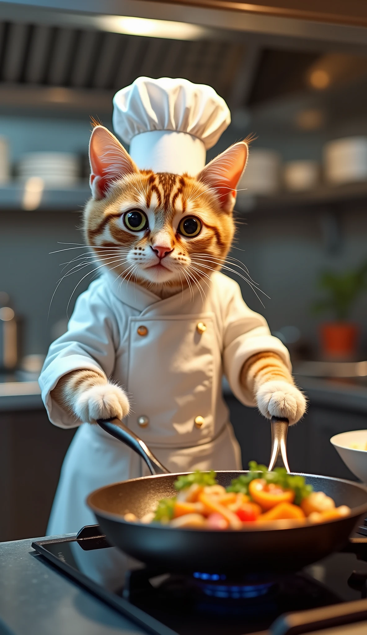 There is a cat that is cooking in a pan on the stove - SeaArt AI