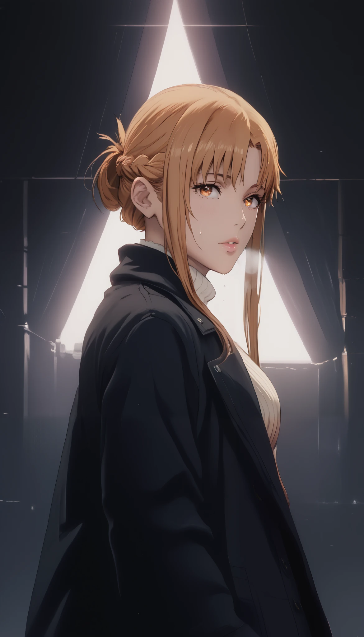 (cutesexyrobutts style:0.8), score_8_up, score_6_up, uncensored, asuna yuuki from sword art online, orange hair, fold, braid, very long hair, long hair, orange eyes, anime coloring, anime screencap, shiny skin, (voluptuous:1.3), (thick:1.3), BREAK UHD, retina, masterpiece, accurate, anatomically correct, textured skin, super detail, high details, high quality, award winning, best quality, highres, 4K, black nails, makeup, eyelashes, excessive sweating, sweating, sweating drop, (gasping, heavy breathing:1.3), (skindentation:1.2), perfect eyes, beautiful eyes, eyelashes, makeup, detailed body, perfect body, BREAK, fantasy, 1girl, solo, looking_at_viewer, jacket, sweater, upper_body, sidelocks, breasts,  coat, ribbed_sweater, turtleneck, 