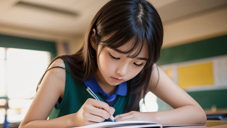Developing cultural and intellectual skills, education according to the curricula prescribed for students , receiving information in the classroom, a close-up picture of a student wearing a uniform sitting on a school desk, performing school assignments