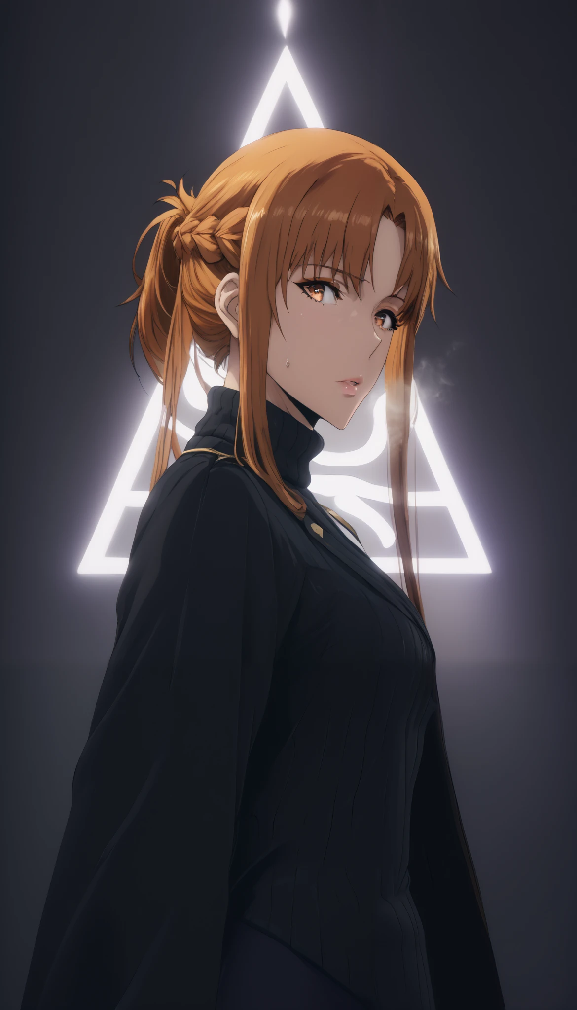 (cutesexyrobutts style:0.8), score_8_up, score_6_up, uncensored, asuna yuuki from sword art online, orange hair, fold, braid, very long hair, long hair, orange eyes, anime coloring, anime screencap, shiny skin, (voluptuous:1.3), (thick:1.3), BREAK UHD, retina, masterpiece, accurate, anatomically correct, textured skin, super detail, high details, high quality, award winning, best quality, highres, 4K, black nails, makeup, eyelashes, excessive sweating, sweating, sweating drop, (gasping, heavy breathing:1.3), (skindentation:1.2), perfect eyes, beautiful eyes, eyelashes, makeup, detailed body, perfect body, BREAK, fantasy, 1girl, solo, looking_at_viewer, jacket, sweater, upper_body, sidelocks, breasts,  coat, ribbed_sweater, turtleneck, 