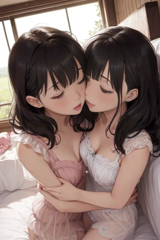 ultra-detailliert, Best Quality, High resolution, ((Two cute little girls with big black hair and big faces hug each other))、Pretty eyes、Detailed eye depiction、Eye sparkle、Sareme、Looking at Viewer, pale skin、(((Petite))), 　（nude）、(flat chest), (big glasses), (blush:1.2), （big eye：1.5）, Shy smile, NSFW,　In bed, Focus on the face, Long hair,　((The upper part of the body))、from side