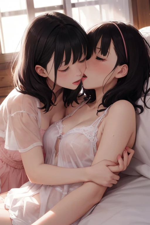 Lesbian couple(French Kissing),Summer knit with short hair and white, summer knit, Short hair, short hair with bangs, Cute face girl, Cute little face in portrait, French Bob, pale fair skin!!, short brown hair and large eyes, soft portrait shot 8 k, beautiful light big eyes, Beautiful young girl, Young girl in a bob cut, Top image quality, masutepiece, Notes of Leonardo da Vinci da Vinci, Set against the backdrop of Leonardo da Vinci's manuscripts,See-through gowns,Chest exposed,girl woman hug,time々barechested,Two people kissing.Touching the chest,Kiss on the chest,Licking the nipples