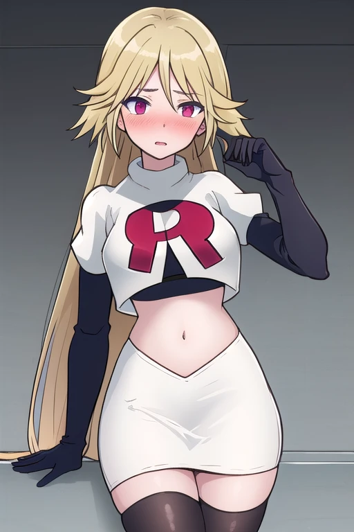 best quality, (masterpiece:1.2), illustration, absurdres, anime,
(1girl, solo), (beautiful detailed girl),
Mariabell Crois, yellow hair, drill hair, twin drills, (long hair:1.1), very long hair,, hair ornament, orange eyes, medium breasts, earrings, jewelry,
team rocket,team rocket uniform,white skirt,red letter R,crop top,black thigh-highs,black elbow gloves, looking at viewer,
