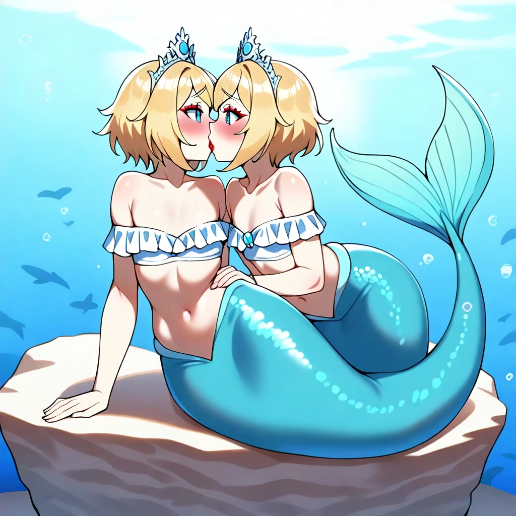 4K.hight resolution,Two Woman,mermaids,a blond,Longhaire,huge tit,Little Mermaid,tiarra, beautiful face, white hair, blue eyes, shell, (mother-of-pearl:1.3), shimmering white, mermaid,, yuri, lesbian, sex, kissing, fingering, rubbing, blushing, in bed, intimate moment, breast pressing, kissing, nipple stimulation, embarrassed, saliva, nervous, Best Quality, laying down, laying on each other