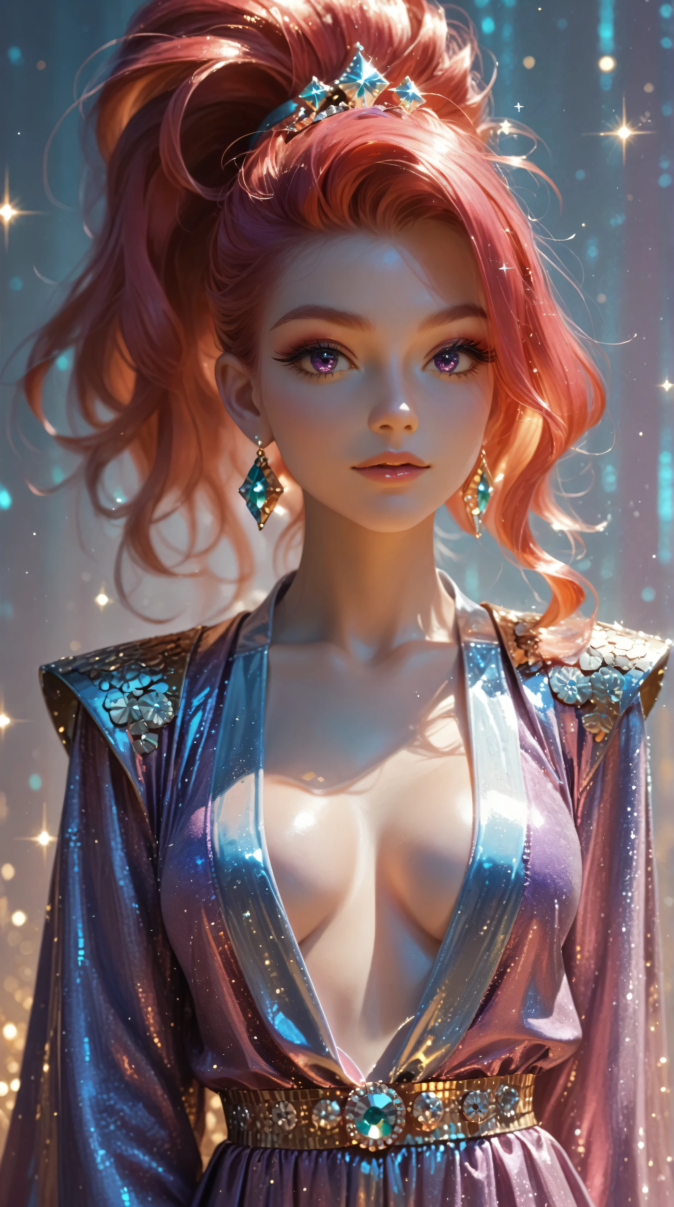 Crimson updo, purple eyes, metallic gold background, backlit, luminescence, ethereal, anime, manga, sexy, sparkles, Glitter Dust, dynamic shadows, masterpiece, bright colors, Shimmers, clear details, plunging neckline, cleavage,