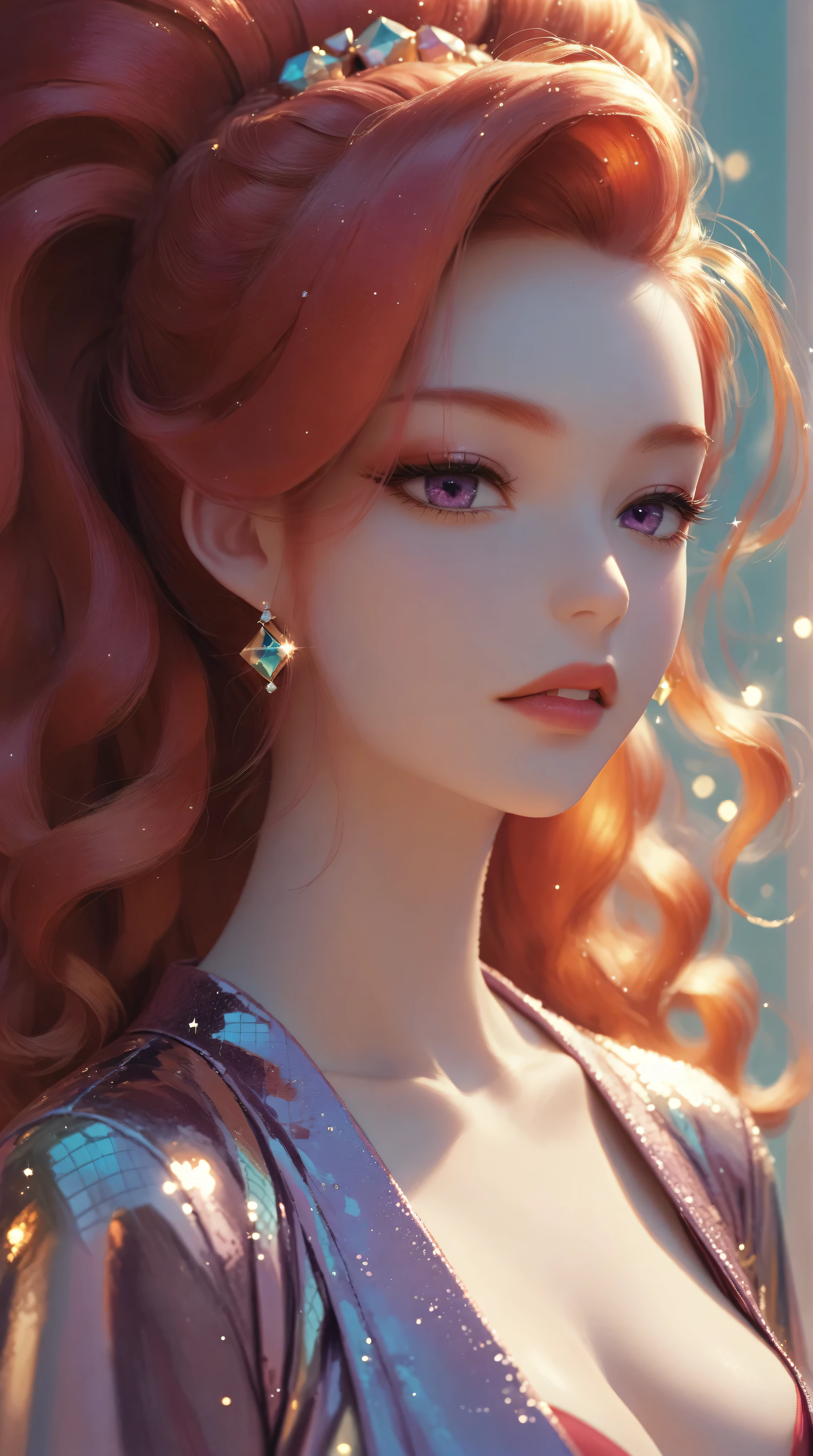 Crimson updo, purple eyes, metallic gold background, backlit, luminescence, ethereal, anime, manga, sexy, sparkles, Glitter Dust, dynamic shadows, masterpiece, bright colors, Shimmers, clear details, plunging neckline, cleavage,
