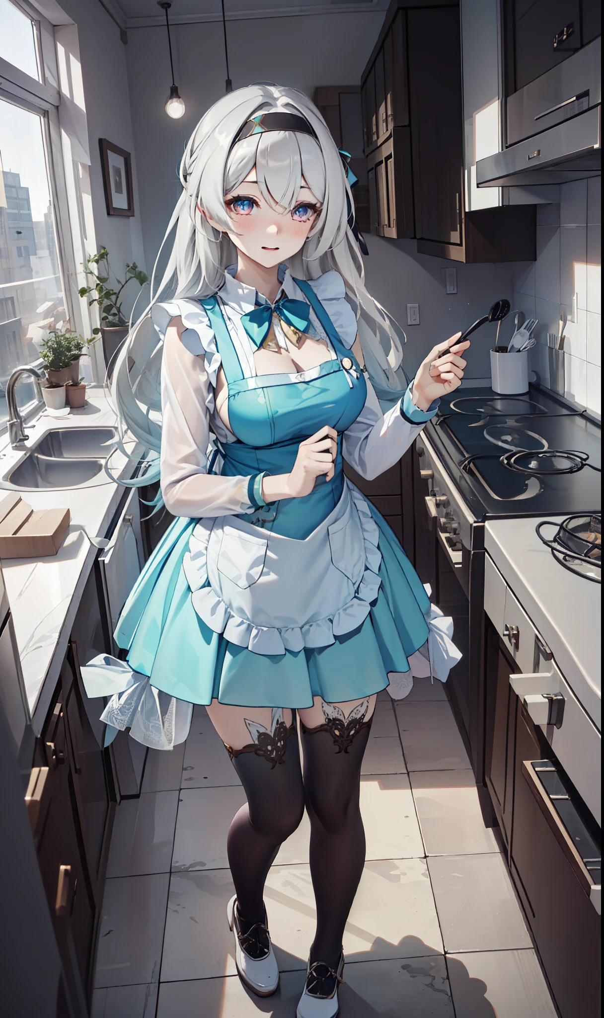 goddess，obsessed，  Have Fun  ，in love，( Transparent uniform， Wearing a long skirt )，Silver Hair，  transparent clothes ，Exquisite hair accessories，  transparent lace  ，Red cheongsam，Leggings，night，Dress nicely，Lonely，night，Long socks ，  a pretty face ，garter，kitchen，  transparent apron，Is stealing