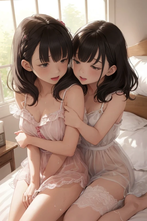 two girl kissing,,(bright lighting,romantic setting),dreamy background,,dark hair, mesmerizing gaze, , soft skin, alluring beauty, artistic portrait, high-quality image, vibrant colors,translucent long silk gown, mosquito net, lying down, romantic bedroom,bondage