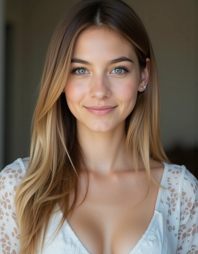 (best quality,realistic),feminine face,age 20,gray eyes,long golden blond wavy hair,moderately thick eyebrows,sharp jawline,tiny nose,heart shaped face,silky smooth skin,luminous complexion,vibrant glowing eyes,golden highlights in hair,endearing smile,natural beauty,graceful posture,gentle expression,dreamy atmosphere,soft natural lighting,subtle blush on cheeks,delicate facial features,elegant and classy style,subtle hint of sophistication,pure and innocent charm,color palette with warm tones and soft pastels, wearing a white golfing outfit with a white skirt on on a golf course, right hand over her shoulder holding a golf club, standing with legs crossed, looking over her left shoulder towards camera