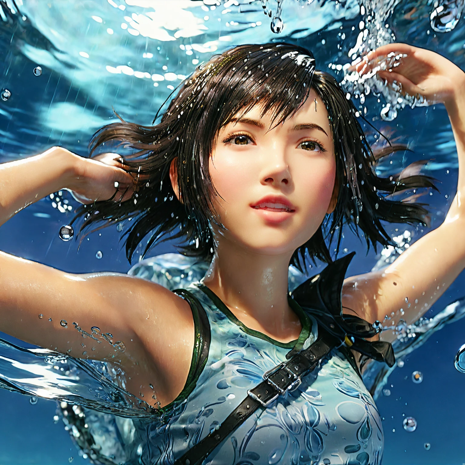 yuffie,<lora:yuffie_sdxl_V1-000010:0.5>,((water drops)),wet clothes,((beautiful detailed water)),((floating)),dynamic angle,