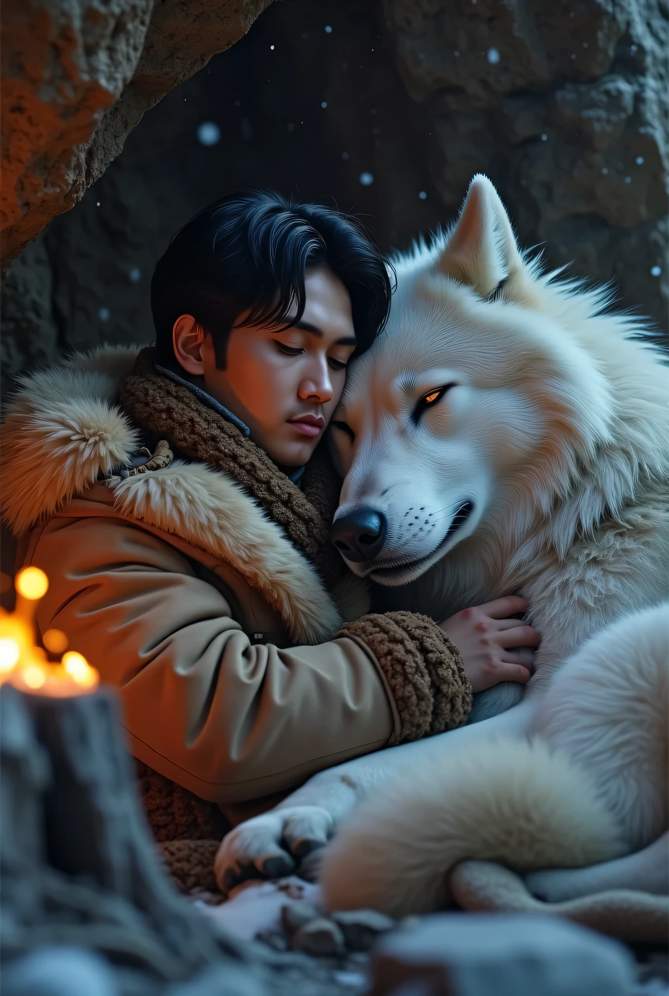 a black haired young man,detailed facial features,detailed clothing,wearing a heavy fur coat,resting his head against a large sleeping white wolf,inside a dark cave,a warm bonfire burning,waiting for the snow to pass,realistic,photorealistic,photo-realistic:1.37,(best quality,4k,8k,highres,masterpiece:1.2),ultra-detailed,(realistic,photorealistic,photo-realistic:1.37),chiaroscuro lighting,dramatic lighting,moody atmosphere,detailed textures,intricate details,warm color tones