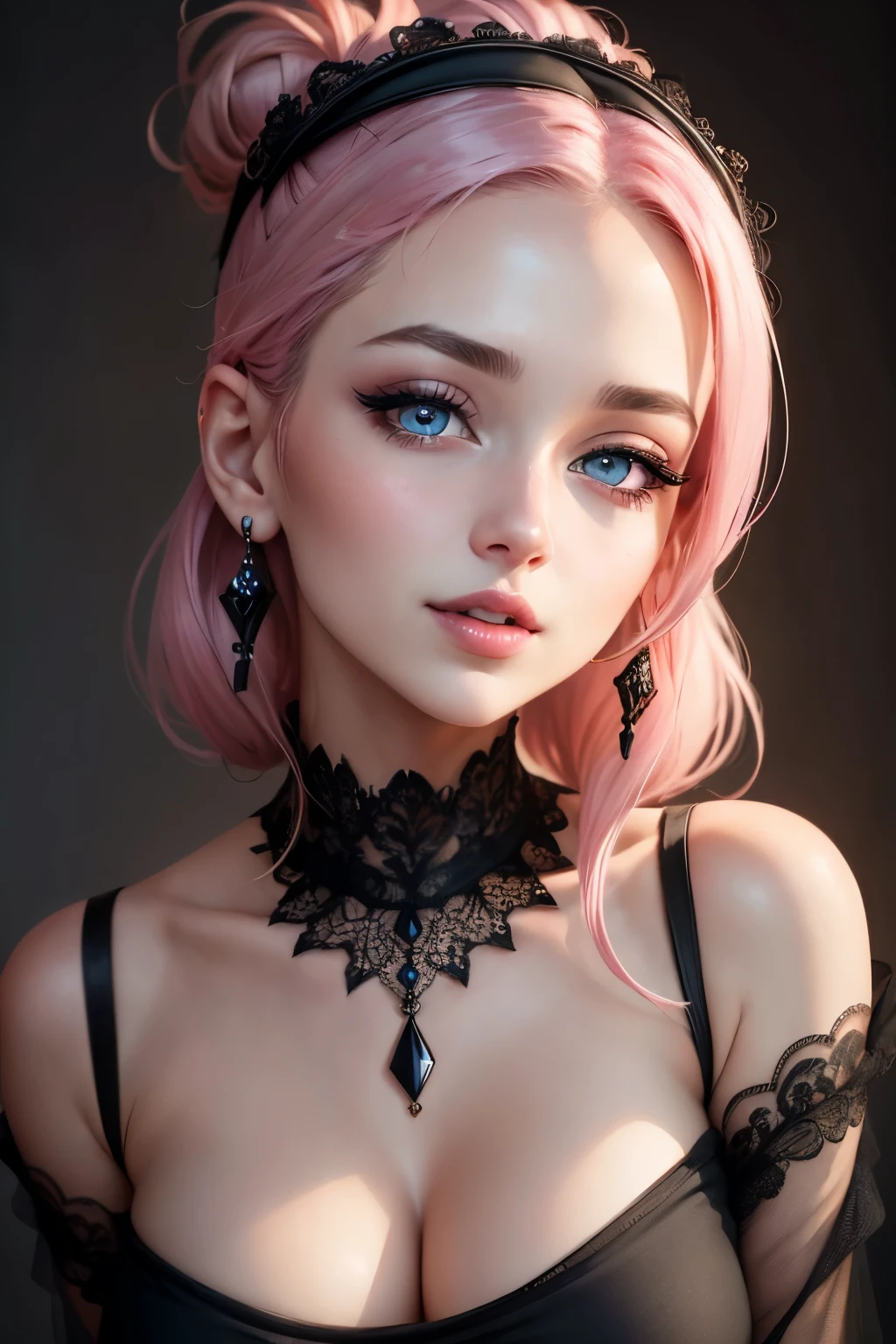 best quality, ultra high res, (photorealistic:1.4), (detailed beautiful girl:1.4), (medium breasts:0.8), looking_at_viewer, Detailed facial details, beautiful detailed eyes,pink hair, blue eyes, slender, haunting smile, (makeup:0.3), red lips, highly detailed clothes, (ulzzang-6500-v1.1:0.3)