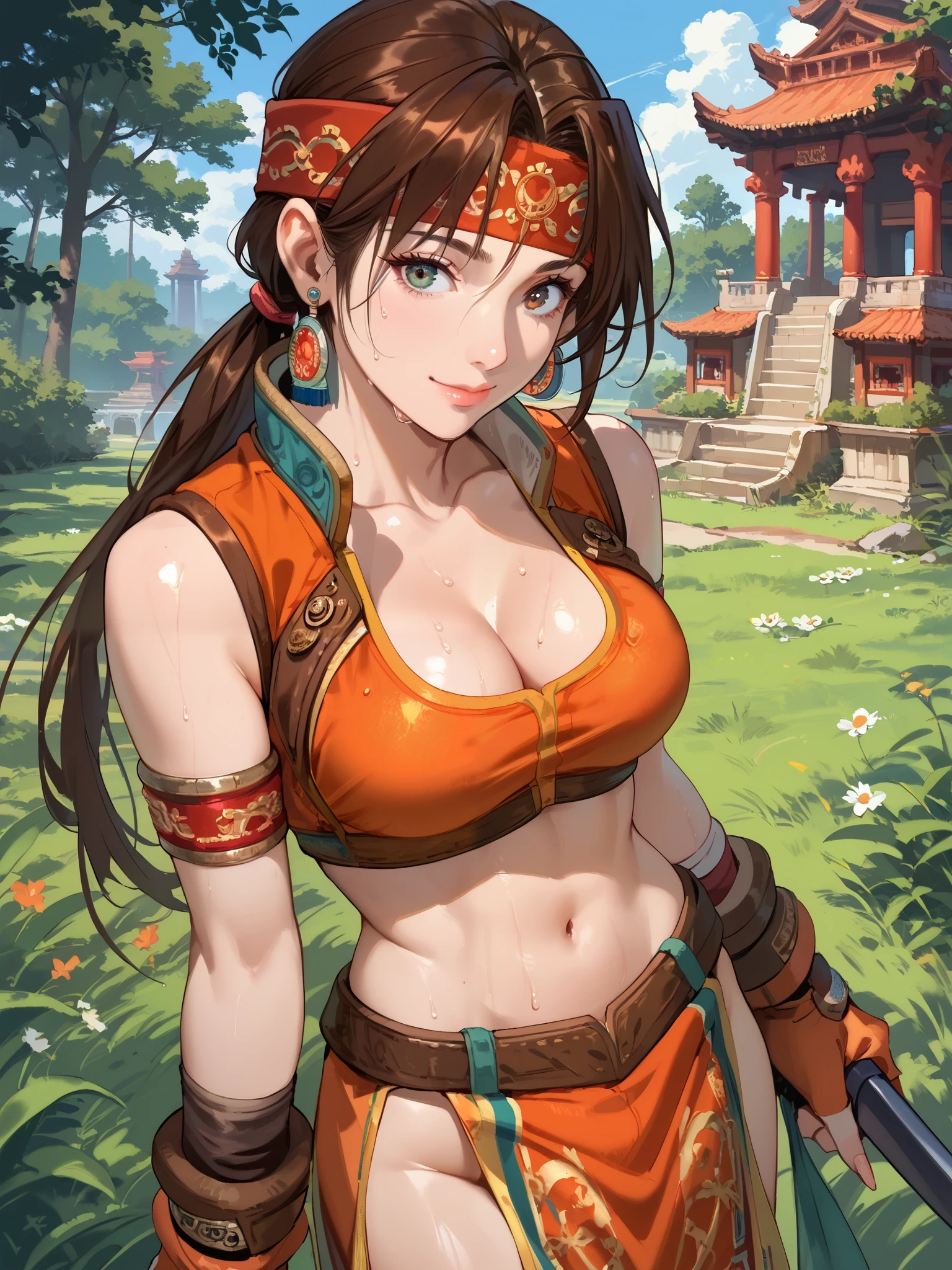 score_9, score_8_up, score_7_up, source_anime, BREAK solo, 1 girl, SNGMINASC2, brown hair, low ponytail, headband, orange sleeveless crop top, cleavage, midriff, loincloth, armlet, fingerless gloves, light smile, looking at side, breasts, 1 girl , solo, grass, temple, sky, forest, sweating, Masterpiece, Best Quality, High Details, shiny clothes, Cowboy Shot, From Above,