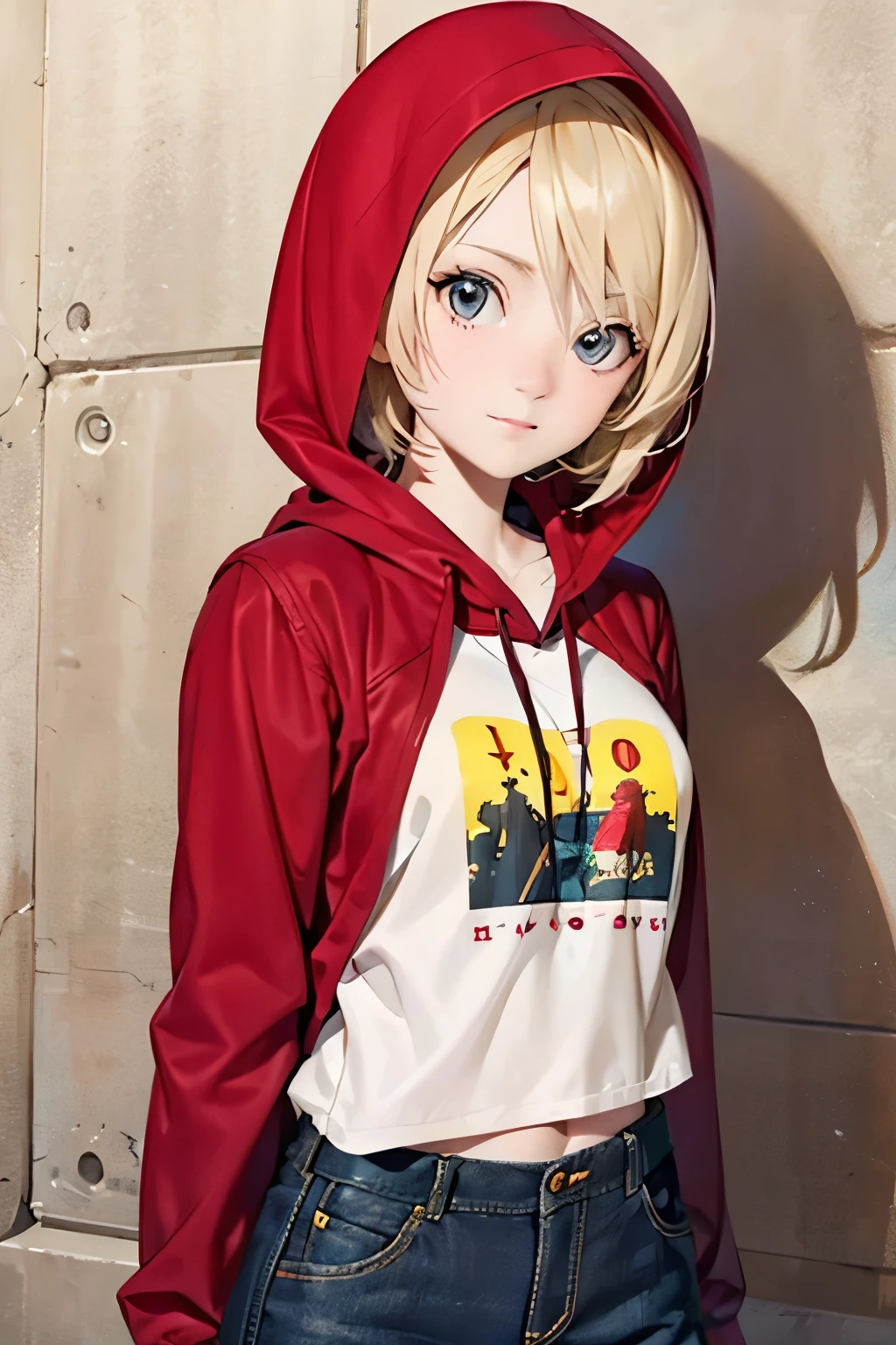 An anime-style game character of a girl who wears a red hood that covers her entire body.