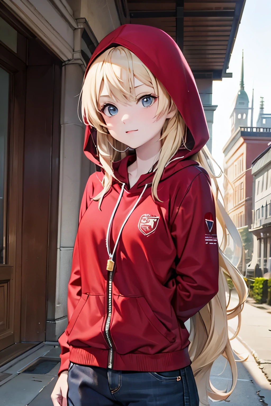 An anime-style game character of a girl who wears a red hood that covers her entire body.