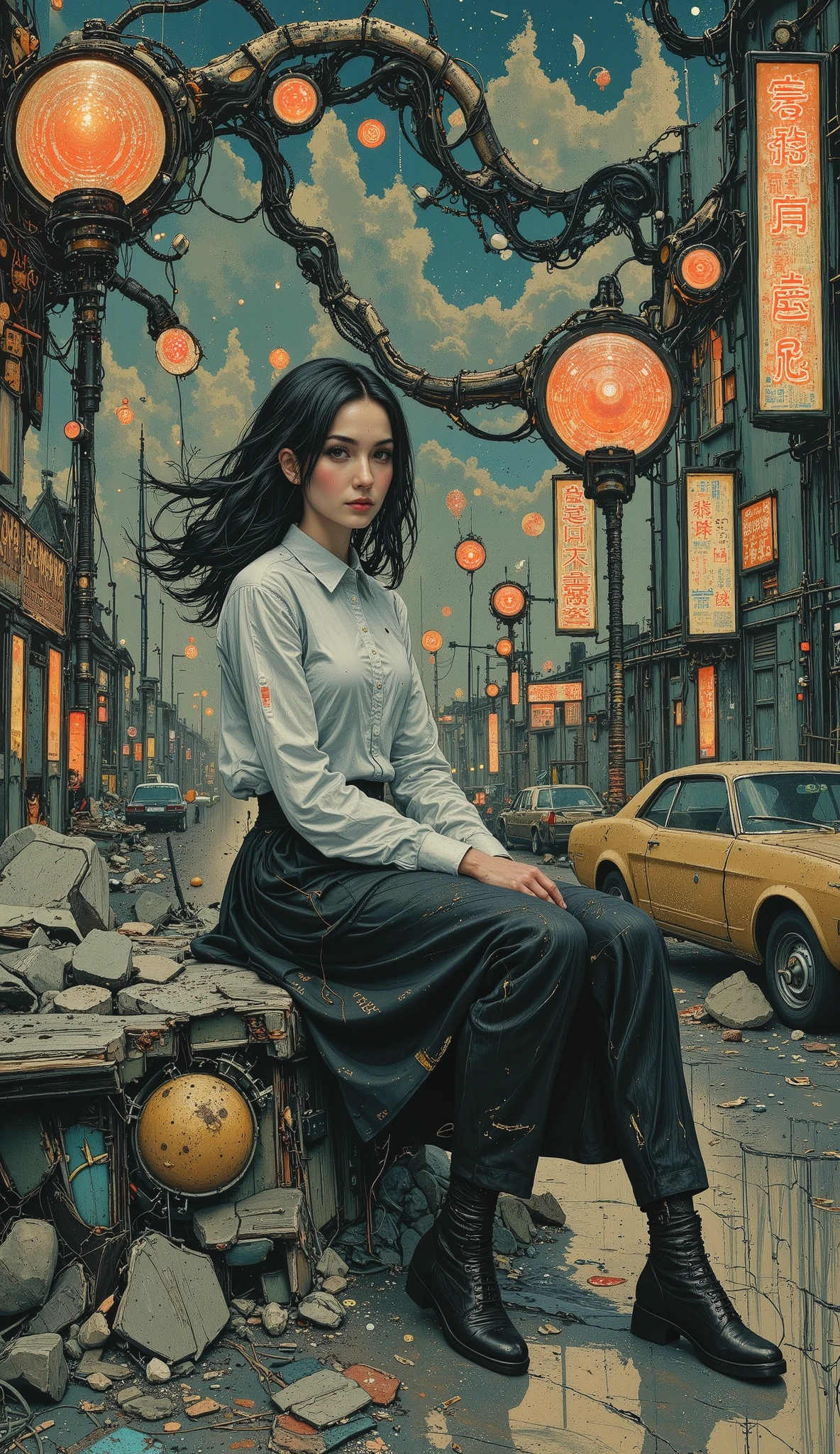 a woman in a black and white shirt sitting on a pile of rubble, apocalyptic place completely at night , some neon posters , abandoned cars, Place of the seedy , dirt:1.5, Completely robotic !! chica, like mechanical lady , Cyberpunk anime chica mech, shohei otomo, cyberpunk 2077 ross drawings, by Shinoda Toko , cyborg - chica, robot girl , comic art in 8k , cyborg chica, by Masamune Shirow , Japanese Cyborg , chiaroscuro, cinematic lighting, Optical illusion, motion lines, multiple monochrome, UHD, Retina, masterpiece, Accurate, anatomically correct , textured skin, Super detail, high details, high quality, award winning , best quality , highres, 1080P, HD, 16K
