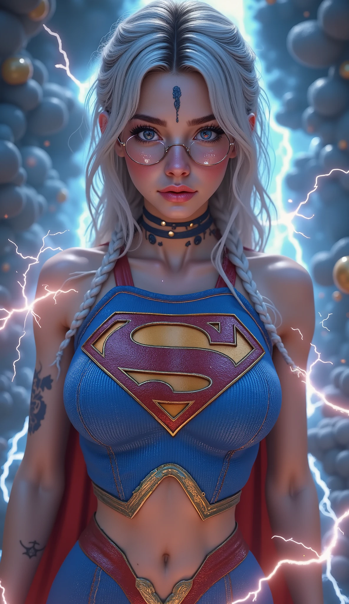 SO CUTE. SCREAMING IN PLEASURE AFTER BEING SEVERLY ELECTROCUTED. 3D ANIMATED STYLE. LARGE "S" EMBLEM APPEARS ON HER CHEST, BODY GROWING LARGER AS SHE TRANSFORMS INTO SUPERMAN. A SEXY YOUNG AUSTRALIAN GIRL WITH BLUE EYES, RED GLASSES, WHITE AND SILVER HAIR BRAIDED, WEARING A BLUE CORDUROY 1980 3D TEXTURED SUPERMAN COSTUME AND RED CAPE STARING AT THE VIEWER. PHOTO REALISTIC, INTRICATE DETAILS, INTICATE TEXTURES, PROESSIONAL 4K RENERING. POWERING UP, SEMI REALISTIC. MASSIVE AMOUNTS OF ELECTRICITY SURGING THROUGH HER.