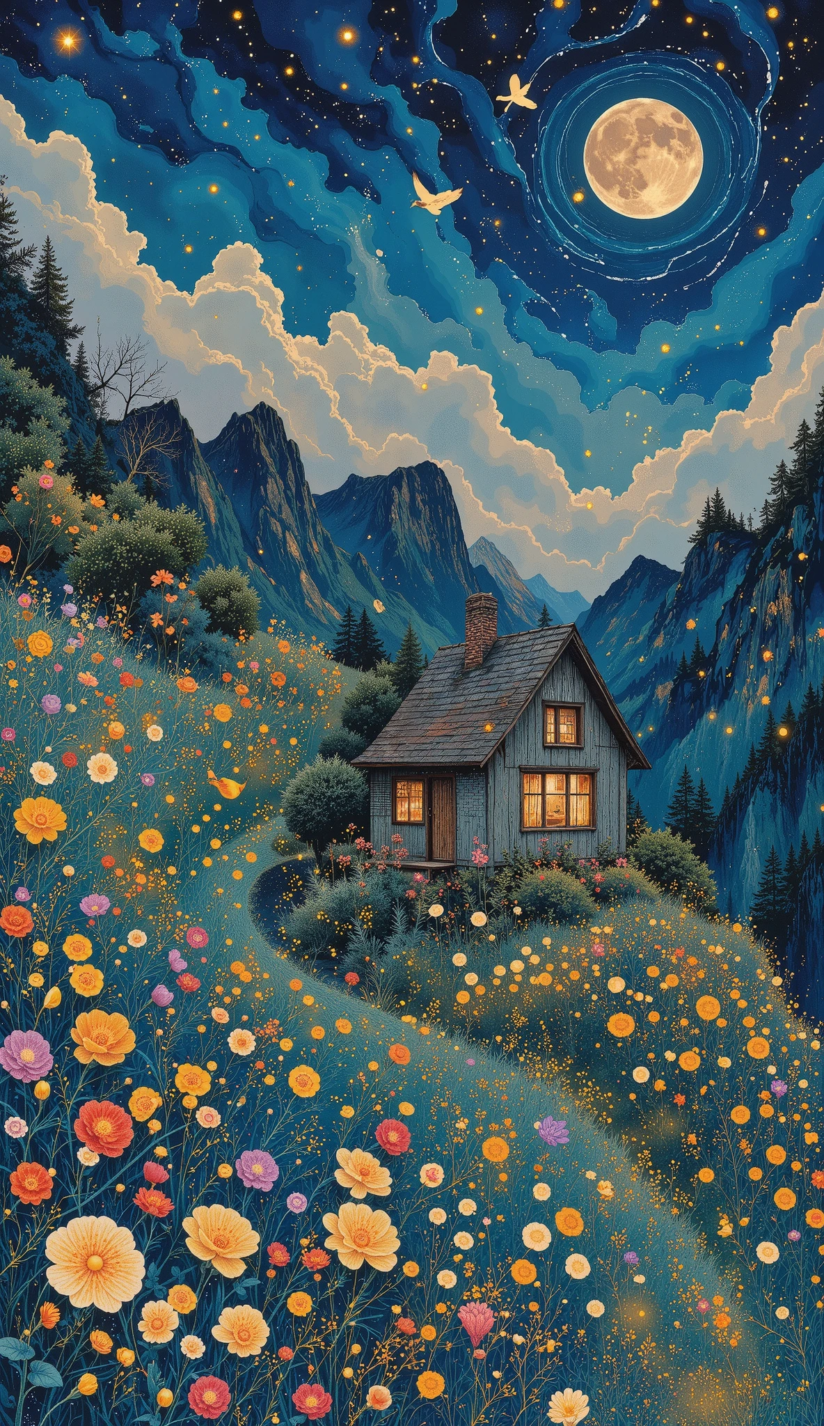   Painting of a house in a field with flowers and a bird,   Moonlight shines on wild flowers  ,   field of flowers at night  , Dreamy illustration,   Cozy night fireflies  , quiet night.   digital illustration, Picture of a starry night  , beautifully illustrated, Jane Newland (New Zealand) (New Zealand),   night sky full of flowers  , night scene, blurry and Dreamy illustration,  illustrated in a whimsical style ,  Moonlit night , Chiaroscuro,  movie lighting, U High definition, Retina,  masterpiece,  Precise,   Anatomically correct ,   makeup,  super detail ,  Detailed pants,  high quality,  awarded ,  envelopes, highres,   makeup, 1080P,  High definition, 16K