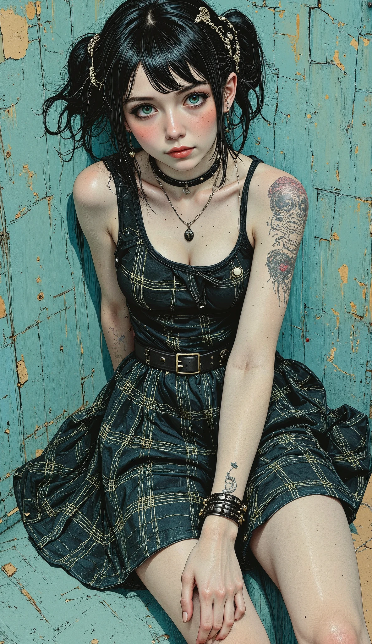 a black girl with tufts of cyan hair and fishnet tights , black and light gray plaid miniskirt , sitting on the open floor , the miniskirt falls between her legs , black belt with silver buckle , sweatshirt with black sleeves , wears several necklaces , dog collar with spikes , head slightly tilted down , cyan eyes, long false eyelashes , kisses and full lips , heart tattoo on the cheek long earrings in the shape of a cross , brow length bangs , the hair falls down to her shoulders , barbed cuff , one arm backwards and one forward between the legs covering your private part , blushing cheeks , 1 7 - **** - *** anime goth girl , 1 7 - **** - *** goth girl , goth girl , goth girl aesthetic, anime vibes, gothic aesthetics , Style Ross Tran, dressed in punk clothes, pastel gothic aesthetic , Gothic mall , work of art in the Guweiz style , Looks like a mix of grimes, plain cyan background , Chiaroscuro, cinematic lighting , Fujicolor, U High definition, Retina, masterpiece, Precise, Anatomically correct , makeup, super detail , Detailed pants, high quality, awarded , envelopes, highres, 1080P, High definition, 16K