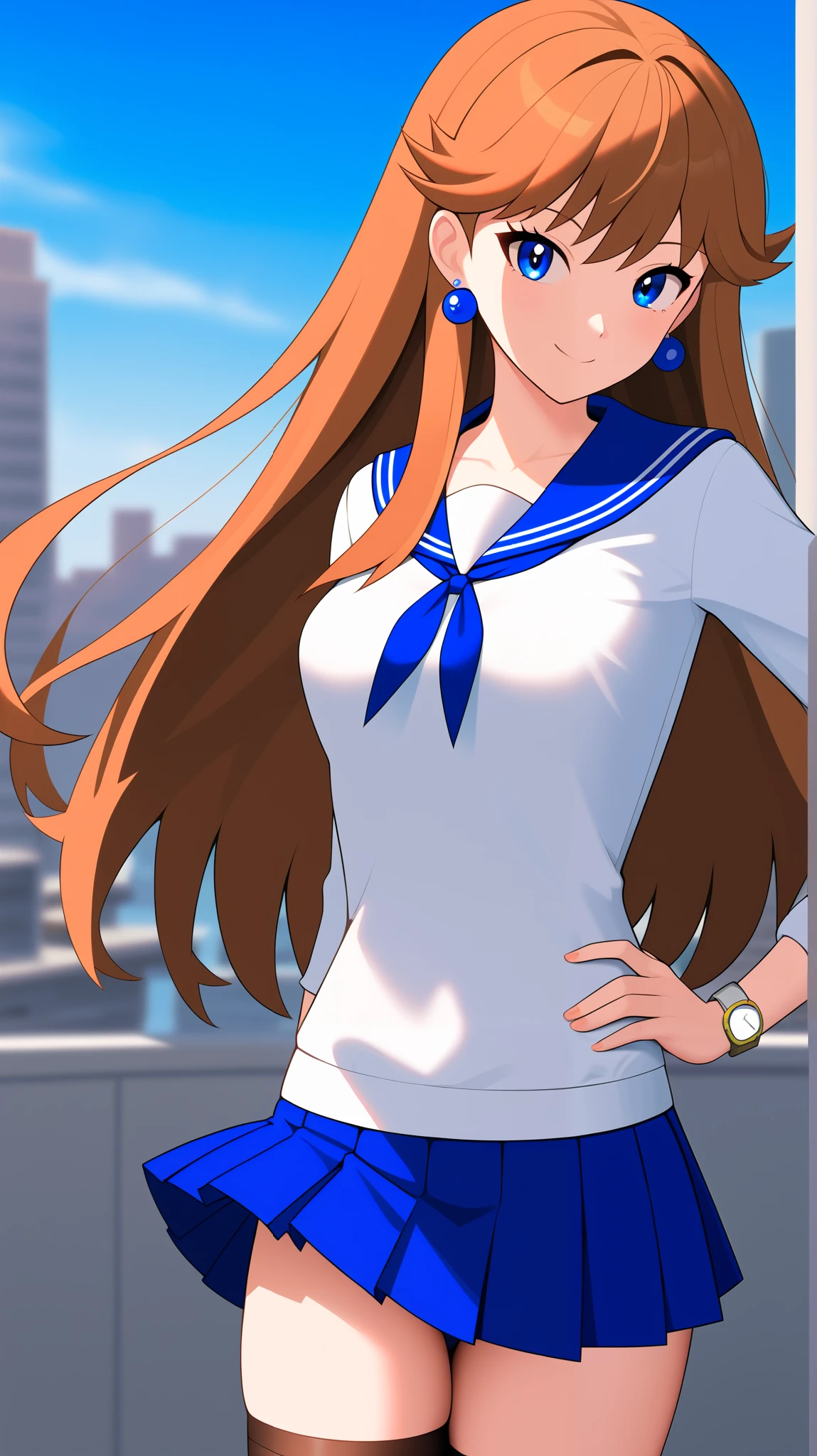 (( best quality )), ((masterpiece)), (( Details)), 1girl , Two legs, two arms, bare hands, no gloves , orange brown hair color, long hair, blue eyes, Ample breasts, Tall, high school girl, long sleeve sailor suit, blue pleated mini skirt , black knee-high stockings, absolute domain, thighs, Watch viewers, 1 Female, Age 18, blue earrings, sexy smile, seductive smile , Place one hand on hip, Anime Coloring Book, Three idiot hairs , with bangs, whole body, slim figure, City, (\Pokémon\), score_9, score_8_Excellent, score_7_Excellent, score_6_Excellent, source_Anime, cell shading , flat collar , vector,