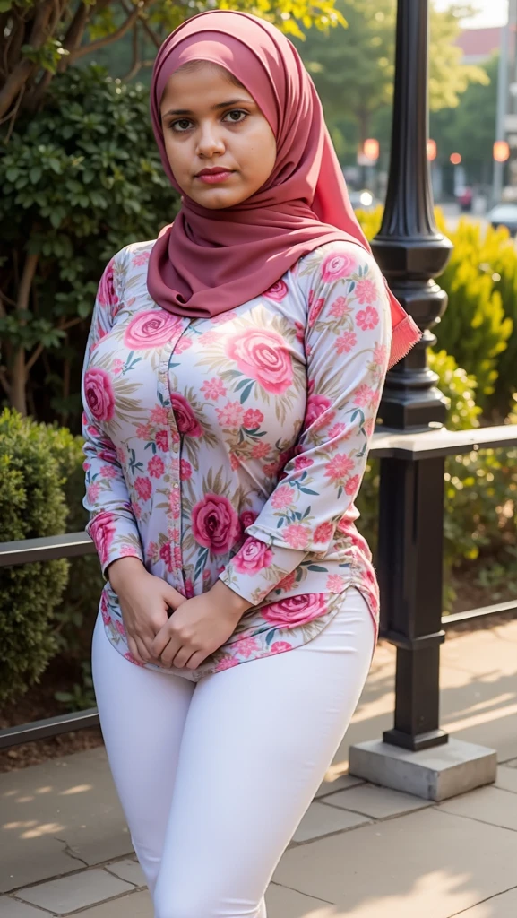 RAW, Best quality, high resolution, masterpiece: 1.3), beautiful Malay woman in hijab, Masterpiece, perfect fit body, big breasts, big beautiful eyes, Soft smile, wearing oversized floral shirt & tight leggings, going for a walk evening, City park, Excellent lighting, Bright colors, Ultra realistic clean lines, very realistic