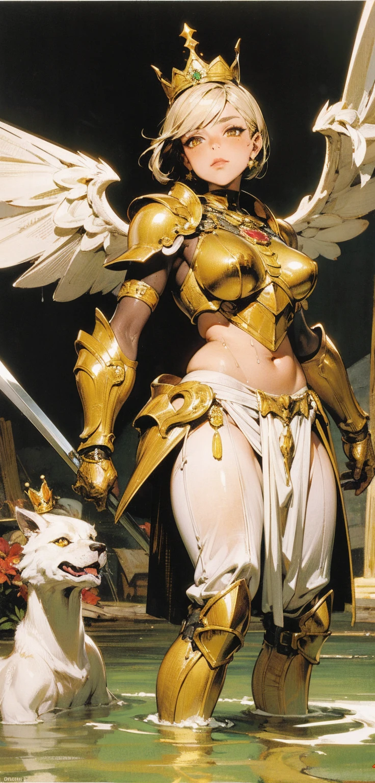 A tall goddess woman beautiful sexy sensual beautiful beautiful tenderness affectionate pretty smiles kindly long yellow hair wavy to the side one Mencho short yellow braid her light blue eye another orange eye she dresses bright gold metal brassiere shows navel and shorts gold armor shows leg socks black net and has angel wings on his back