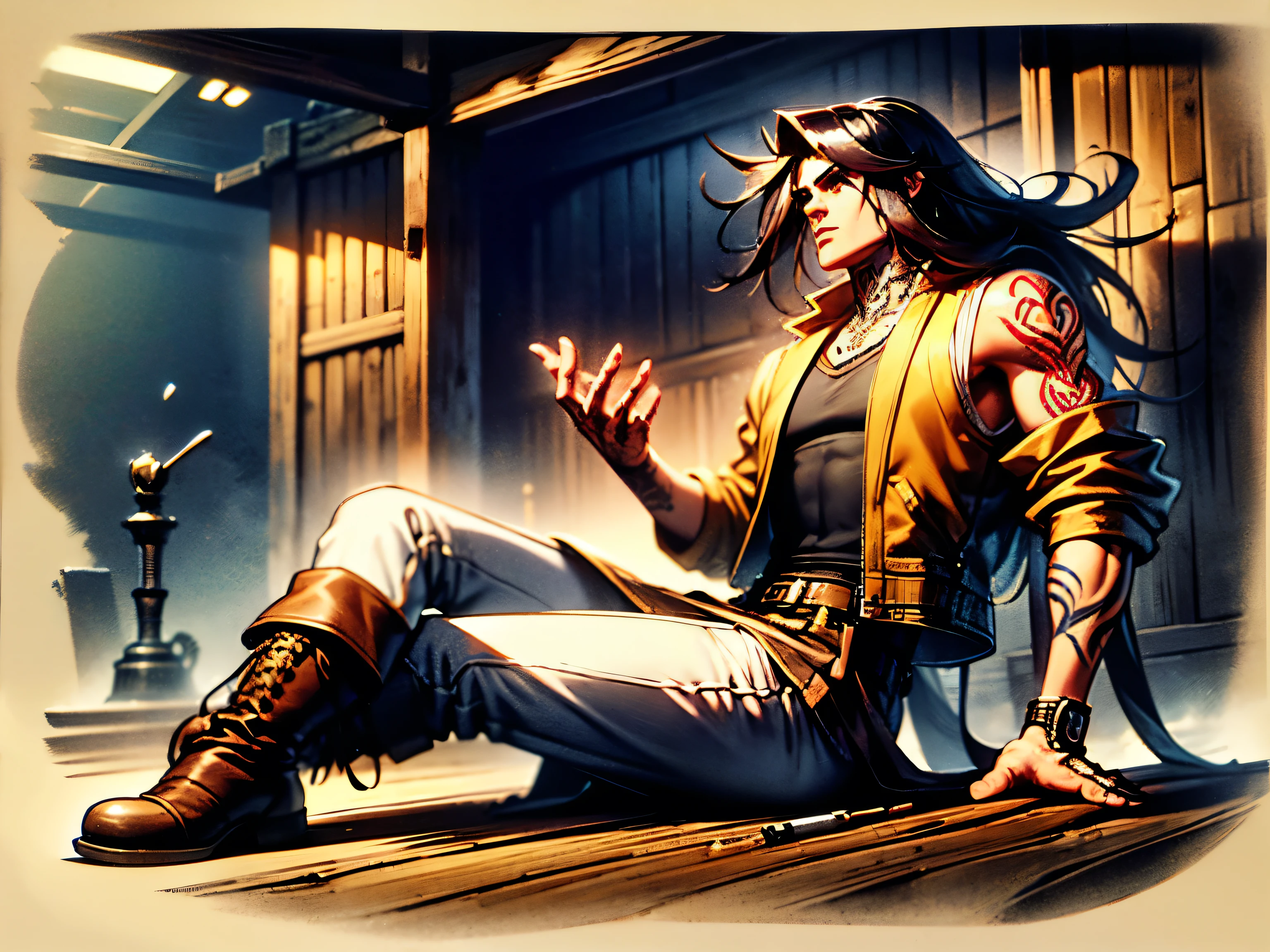 man, long black hair up to the middle of your back , petra skirt and grand Japanese style up to your shins, black army boot , thin but defined body , androgenic appearance , white tank top, red-dyed leather jacket , arm tattoos , raised jacket sleeve , fantastic medieval school environment