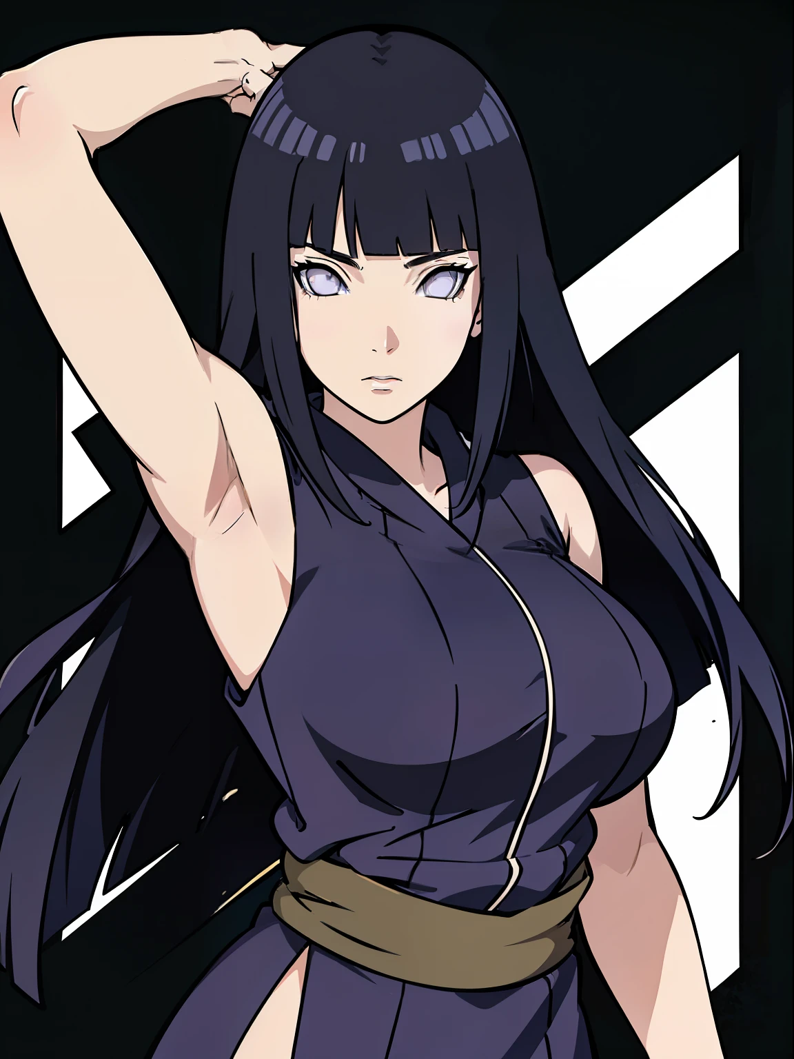 Good quality, details, 2D, black background, mature hinata hyuuga, big breasts,Nijia dress, long hair, white eyes, based in naruto shippuden art style