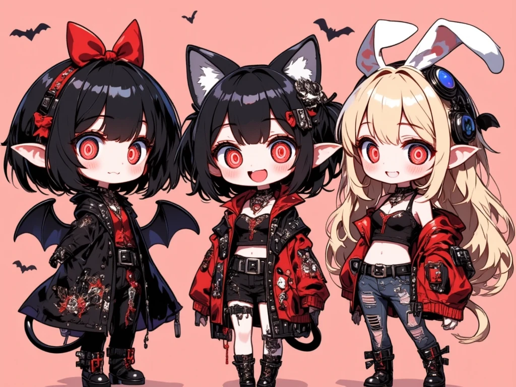 (chibi 3girls, (1st girl is cute vampire girl with bat wings, big red eyes, sharp vampire fangs, black short bob hair, elf ears, cute red ribbon headband, cute smile, cute expression, wearing black short vampire robe with gothic embroidery,black short vampire dress,cute pose), (2nd girl is fluffy black cat-ear girl,long black twintails hair,hair is twin-tales,pale skin, red eyes,,punk fashion, tube top, hot pants, black short jacket, spiral eyes),(3rd girl is Bunny ear girl,Red Short jacket Blonde long hair red eyes, Punk Fashion, tube top and tattered jeans with a big belt,Abdominal muscles,Studded gloves, goggles), cute pop background)