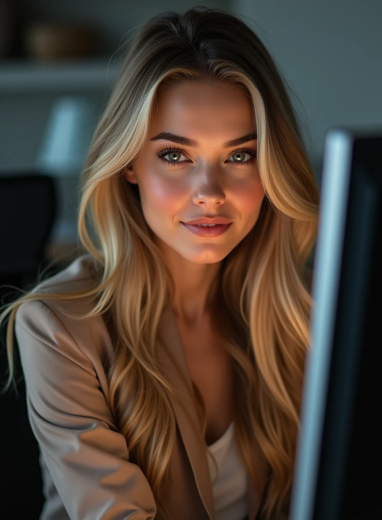 a beautiful girl with long blonde hair, detailed eyes, nose, and lips, wearing professional outfit, siting in her office, using her computer, hp comuter (best quality,4k,8k,highres,masterpiece:1.2),ultra-detailed,(realistic,photorealistic,photo-realistic:1.37),HDR,studio lighting,extremely detailed face and body, portrait,cinematic lighting,dramatic lighting,warm color tones,dramatic colors