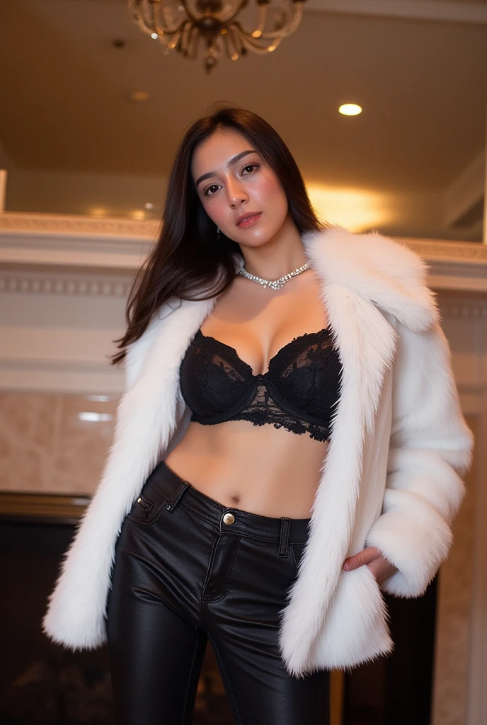 ((Full body photo, standing, feet on the floor)) AKali KGIVES prestige, facing the camera, 1 girl, alone, long hair, breasts out, looking at the viewer, jeweler, medium breasts, red hair, necklace , hair over one eye, lips , makeup, White hat, chest, epic light, top cut, Fur trim, jacket, theater, standing, white gloves, White pants, tight pantsGIVESs, K/GIVES (League of Legends) , Off The Shoulder, lips parted, hipdertailed,