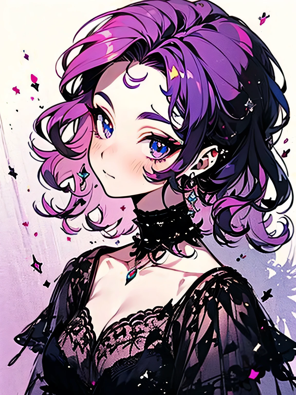 sideview+,(looking at viewer:1.3),Alone,upperbody,purple black curly long hair,(forehead),(long sideburn:1.3),(undercut), Eye of Seduction, Stylish studded with black noble jewels sexyqun001:1.3,
(qun001), Stylish girdle studded with black noble jewels , absolute domain:1.3,purple eyeshadow,makeup,eyelash, wine glass,Purple, pink, A room in a luxury hotel ,Before the Affair ,Beautiful dark lighting , Exquisite Memories ,(manga style),(sketch),(illustration), best quality , best quality,