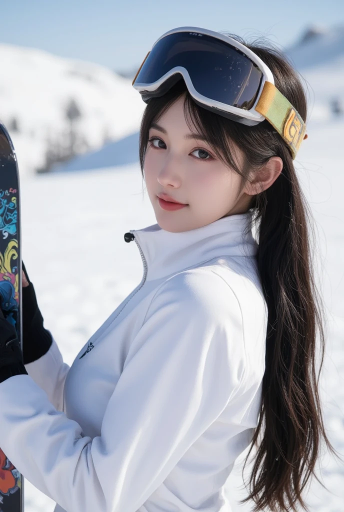 Photorealistic photos, portrait ,A woman with long black hair ,bangs, natural makeup, wearing white ski wear and holding a snowboard with a colorful pattern, head goggles,Face sideways and look only at the camera , smiling at the camera , nice smile, with a huge smile, beautiful depth of field blurs the background ,Clear ski resort ,Sunshine,The snow is dancing and shining brightly in the sunlight , Diamond Dust