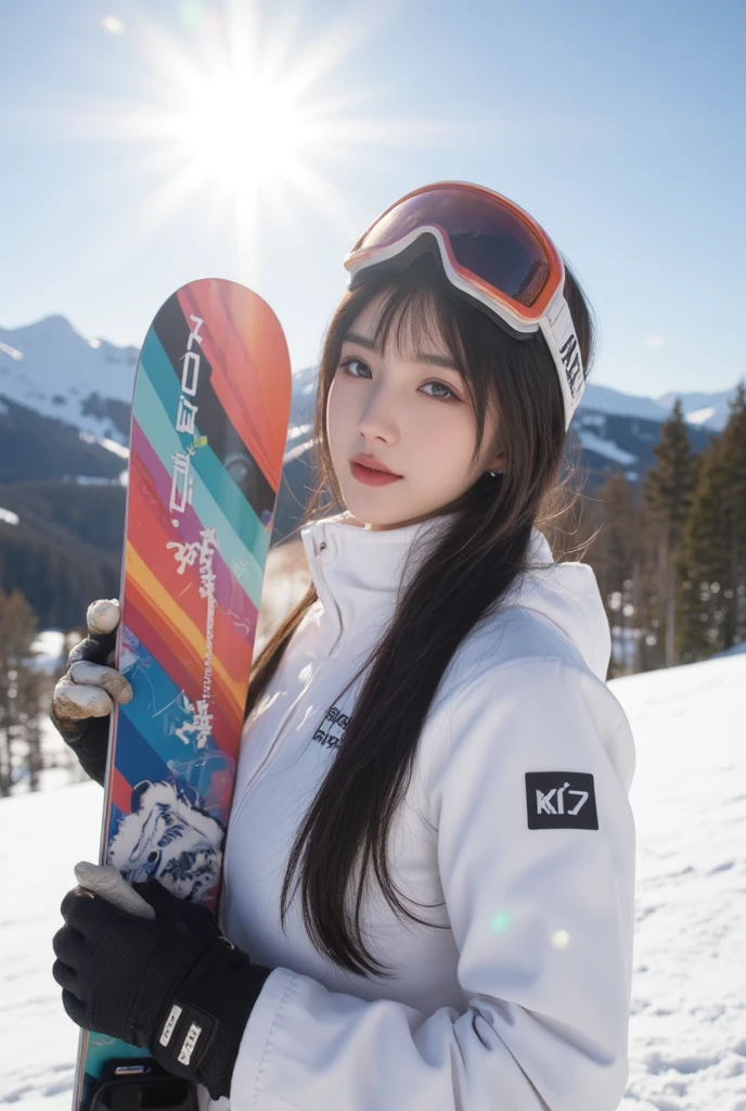 Photorealistic photos, portrait ,A woman with long black hair ,bangs, natural makeup, wearing white ski wear and holding a snowboard with a colorful pattern, head goggles,Face sideways and look only at the camera , smiling at the camera , nice smile, with a huge smile, beautiful depth of field blurs the background ,Clear ski resort ,Sunshine,The snow is dancing and shining brightly in the sunlight , Diamond Dust