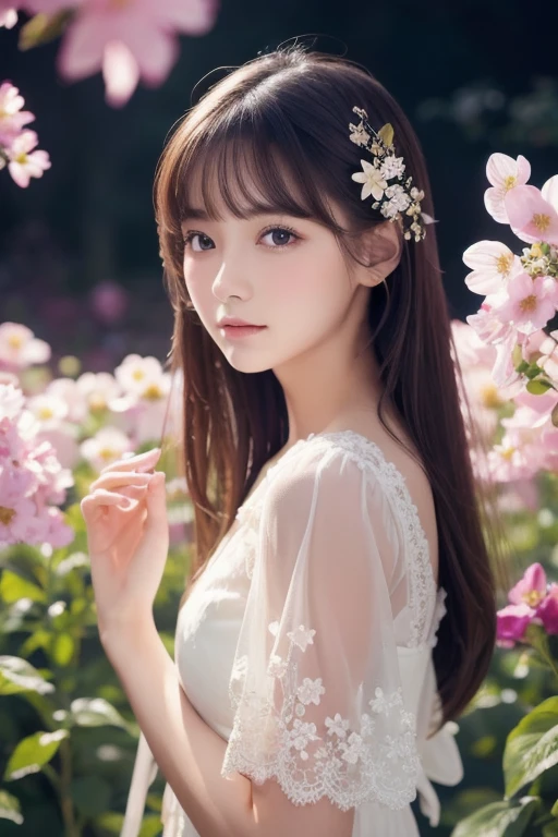 (logo、masterpiece、8k、Tabletop、RAW Photos、wonderful、最high quality、フォトリアリスティックでVery detailedな CG 統合 8k 壁紙、high quality、Very detailed、narrative poem、Particle Effects、Dynamic Effects、Depth of written boundary、Cinematic Light、Lens flare、Ray Tracing)、Fantasy、 (1 beauty、dress、dress、Cherry blossom pattern、Black-haired、Beautiful Face、True Face、Beautiful details、eye、Beautiful Skin)、髪がWindで踊る、Hair flutters in Wind、Hair bounces、Pink cherry blossom tree、Petals flutter、SakuraFubuki、wonderful景色、Morning Glow、Sun in the background、Wind、