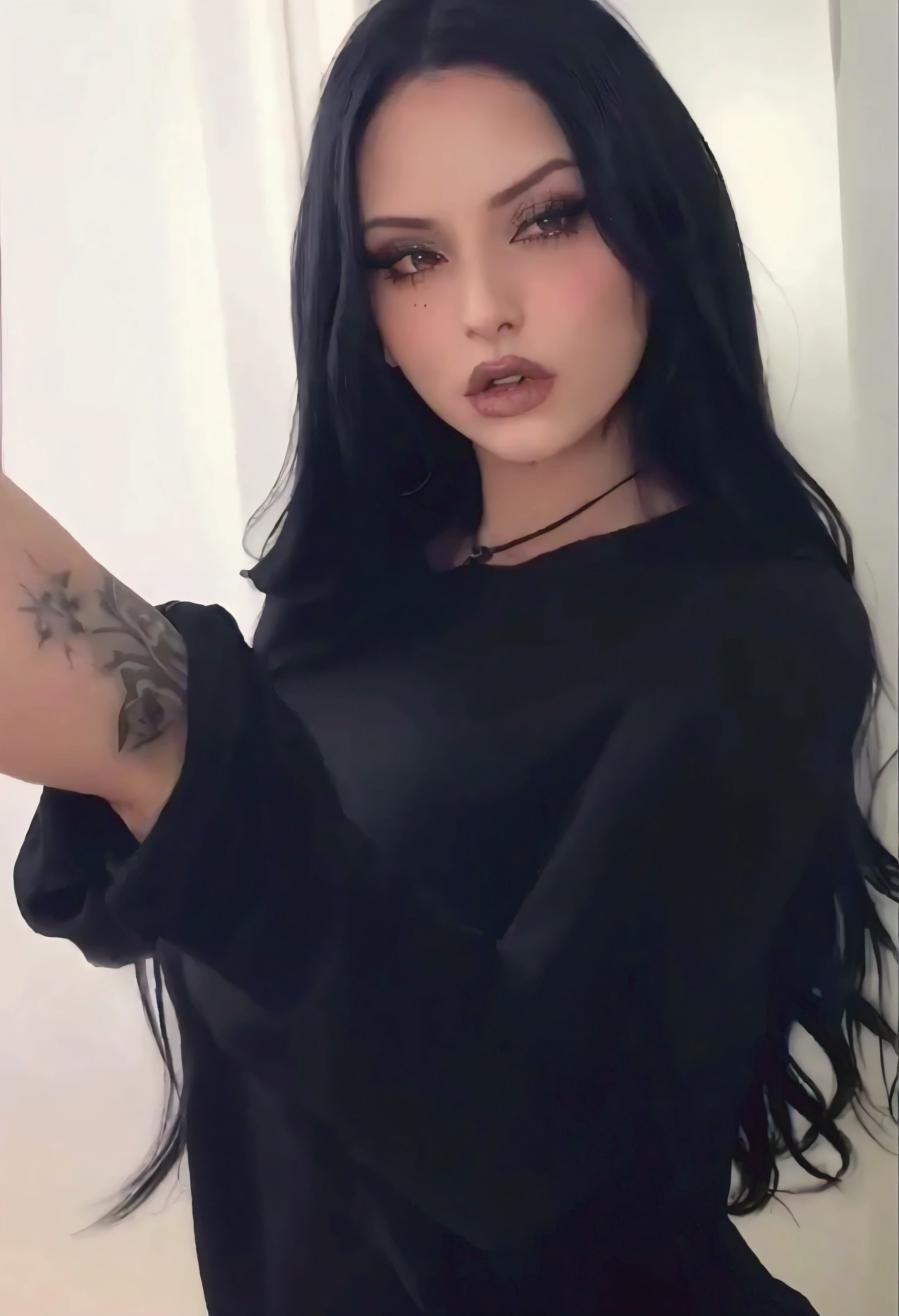 (1girl, sex doll, sextoy, makeup. naked artificial rubble white skin, shiny wax body texture, shiny wax skin), (mouth open, arms tied up above her), (helpless and submissive expression, ecstasy frozen, naked, completely pleased, enjoying her state), (dark hair, curvy body, wide hips, spread legs, rolling eyes, completely naked) Laying down. (lipstick, multicolored hair, two-tone hair, parted lips)