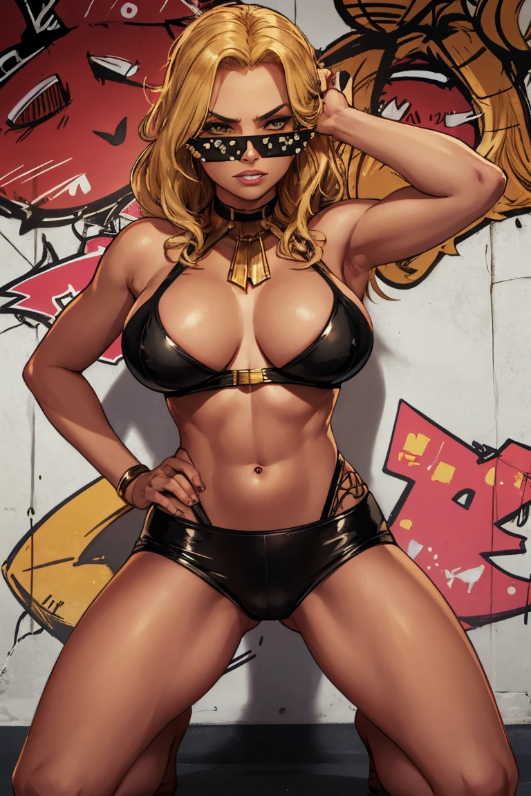 European female , blonde curly hair, floral background, big sunglasses, bikini, tattoo, sleeveless bra, underboob, by Alphonse Mucha