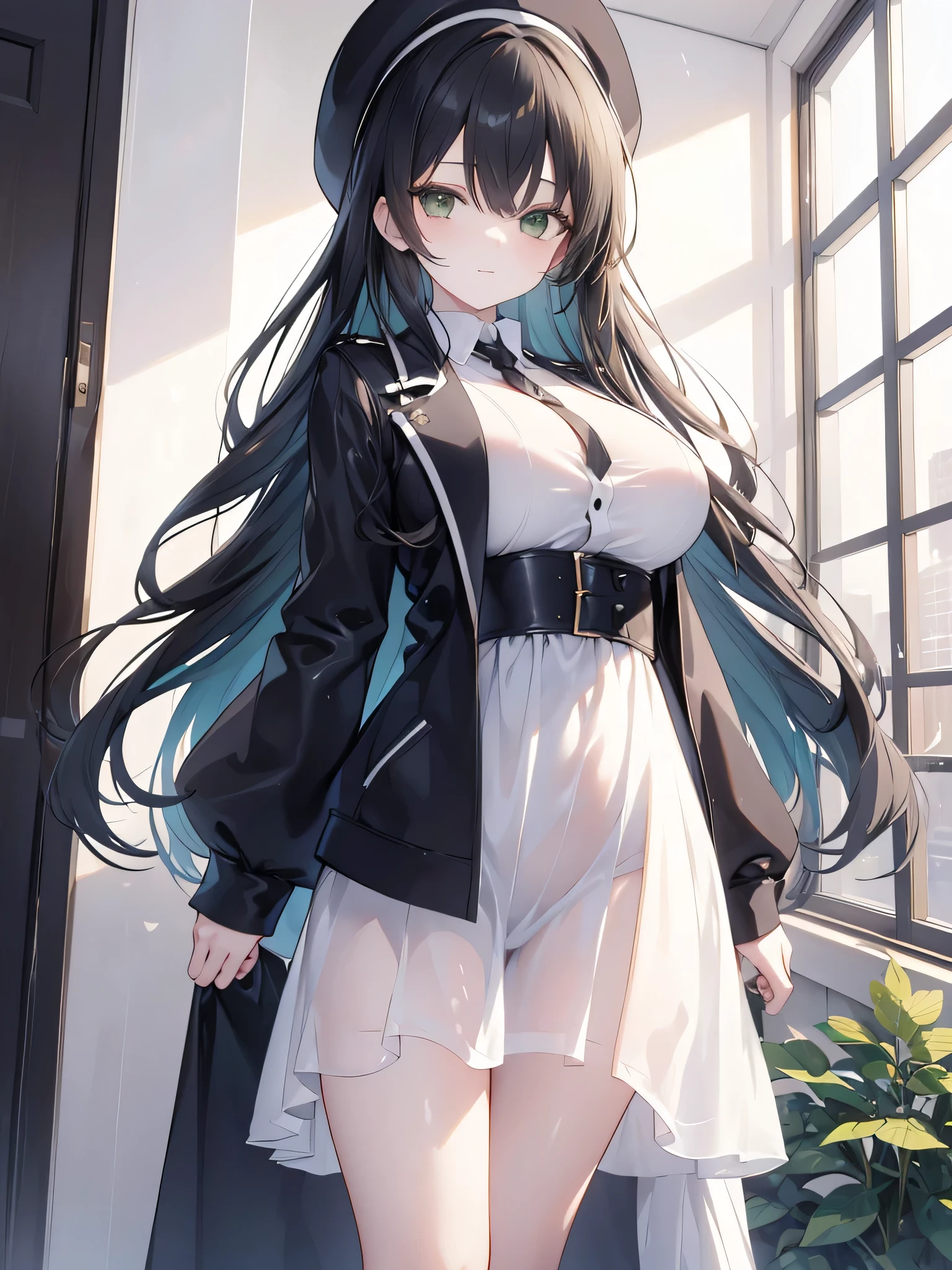 anime, 1 girl, cat girl, cat ears, perfect face, Radiant skin, Beautiful long flowing hair very huge breasts, Open breasts,Bare shoulders exposed, arms exposed, Slim toned body, seductive posture, standing, sexy pose, Slim white shirt with tie, Tight black skirt, High skirt, nylong stockings, five fingers, long legs, 8 k artistic photography, Conceptual art of photorealism, soft natural volumetric cinematic perfect light, epic, Trending on Artstationh, vibrant, Production of a cinematic character, very high quality model, Chiaroscuro