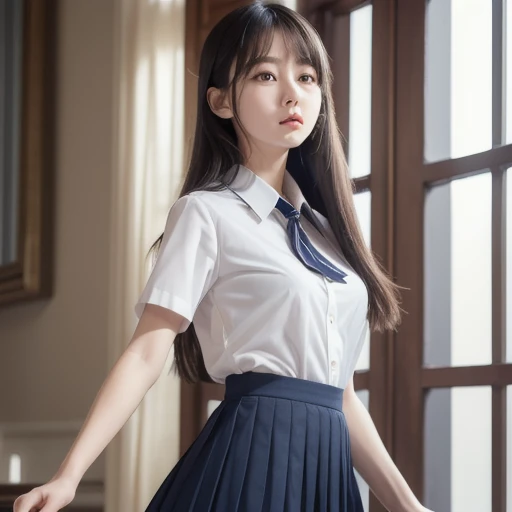 Ultra-realistic 8K CG,s the perfect face,flawless perfection,tmasterpiece,professionalartwork,famousartwork,s the perfect face,beauitful face,beautidful eyes,Exquisite facial features,busty figure,The expression of ,((Perfect female body)),独奏,(immersiveatmosphere,lightand shade contrast:1.5,Bright light:1.2,lumnious),,(Blushlush:0.5),Enchanting expression,Ultimate detail_The eye,thick thight,Hit the spot,,Exquisite background,depth of fields,photorealestic:1.3,Faraway view,1girll,The shirt,pleatedskirt,school uniform,Sit Pose,full bodyesbian,JK school uniform,JK skirt(ambient lights:1.3),(cinematic compositions:1.3),(neonlight:0.1),(hdr:0.1),emphasis lighting,White panty hose