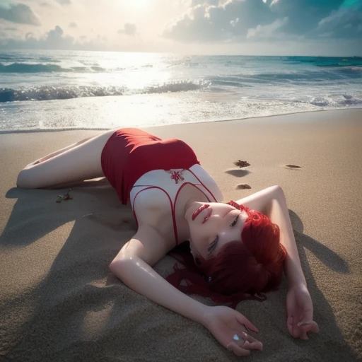 masterpiece, beautiful art, high resolution, best quality, 1 woman, solo, Kate Upton, big breasted, full body, wearing a Cutie Honey outfit, sexy outfit, exposed cleavage, sexy spandex, ryona, in peril, defeated, knocked out, unconscious, closed eyes, laying down on the floor, passed out, exhausted, sweating, exposed full body, sexy defeated pose, sexy close up on her breasts, defeat scene, sexy smirk on her face, bouncing breasts, beach background