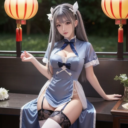ultra-detailed,highly detailed,best quality,masterpiece,illustration,
illustrious,1girl, illustrious \(azur lane\), solo, cosplay,
dress, thighhighs, chinese clothes, china dress, white dress, cleavage, high heels, side slit, clothing cutout, cleavage cutout, short sleeves,hair ornament, official alternate costume, lace trim, garter straps,ribbon, hair ribbon, tress ribbon,alternate costume,lace-trimmed legwear, pelvic curtain,
white hair,long hair, bangs, tri tails,sidelocks, bird,
mole under eye, large breasts,
looking at viewer, sitting,
flower,photo background, outdoors, full body, blurry background,
<lora:illustrious_qipao_v1_05:0.7>