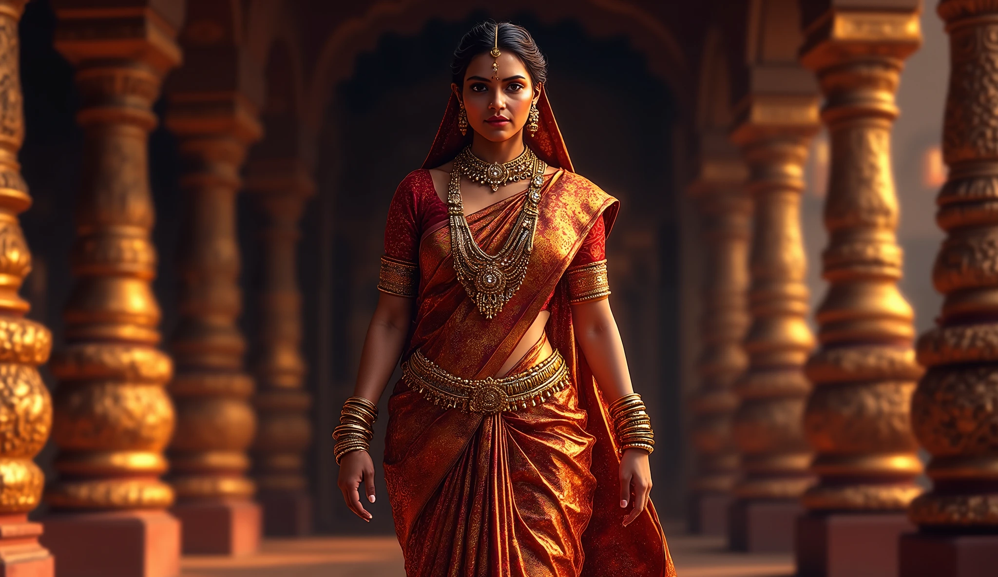Suruchi, with light skin , and she wears heavy gold bangles and a gem-encrusted necklace. Her face is filled with pride, and she is draped in an elaborate Kanjeevaram saree.big boobs
Looking at camera walking