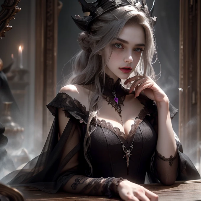 Official Art, Unity 8k wallpaper, super detailed, beautiful, beautiful, masterpiece, best quality,
darkness, atmosphere, mystery, romanticism, creepy, literature, art, fashion, victorian, decoration, intricacies, ironwork, lace, contemplation, emotional depth, supernatural,(((Dark magical energy surrounds her))),magic power surrounded,(((dark light surrounds her:1.5))),Dark Religious Tattoos,dark magic ceremony,be wreathed in mist,
1woman,dark light,pray,arrogant,Olive green hair,braided hair,poker face,glowing body,dark crown,black eye shadow,gigantic breasts,black lips,solo, neck,bust portrait,Red Lotus