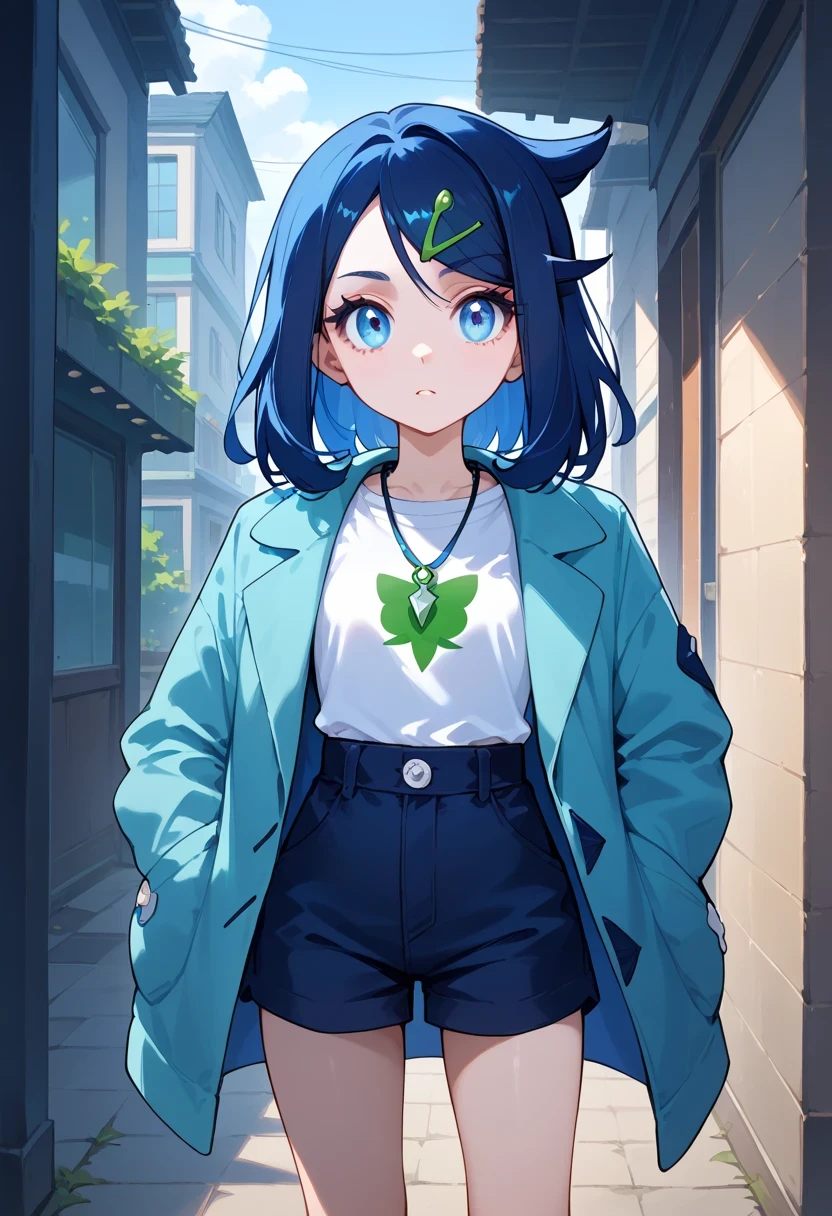 score_7_up, score_8_up, score_9, liko,1girl,solo, hair ornament,hairclip, dark blue hair, eyelashes, blue eyes, medium hair,shorts, jewelry, shirt, white shirt, necklace, socks, open clothes, open coat, coat, jacket