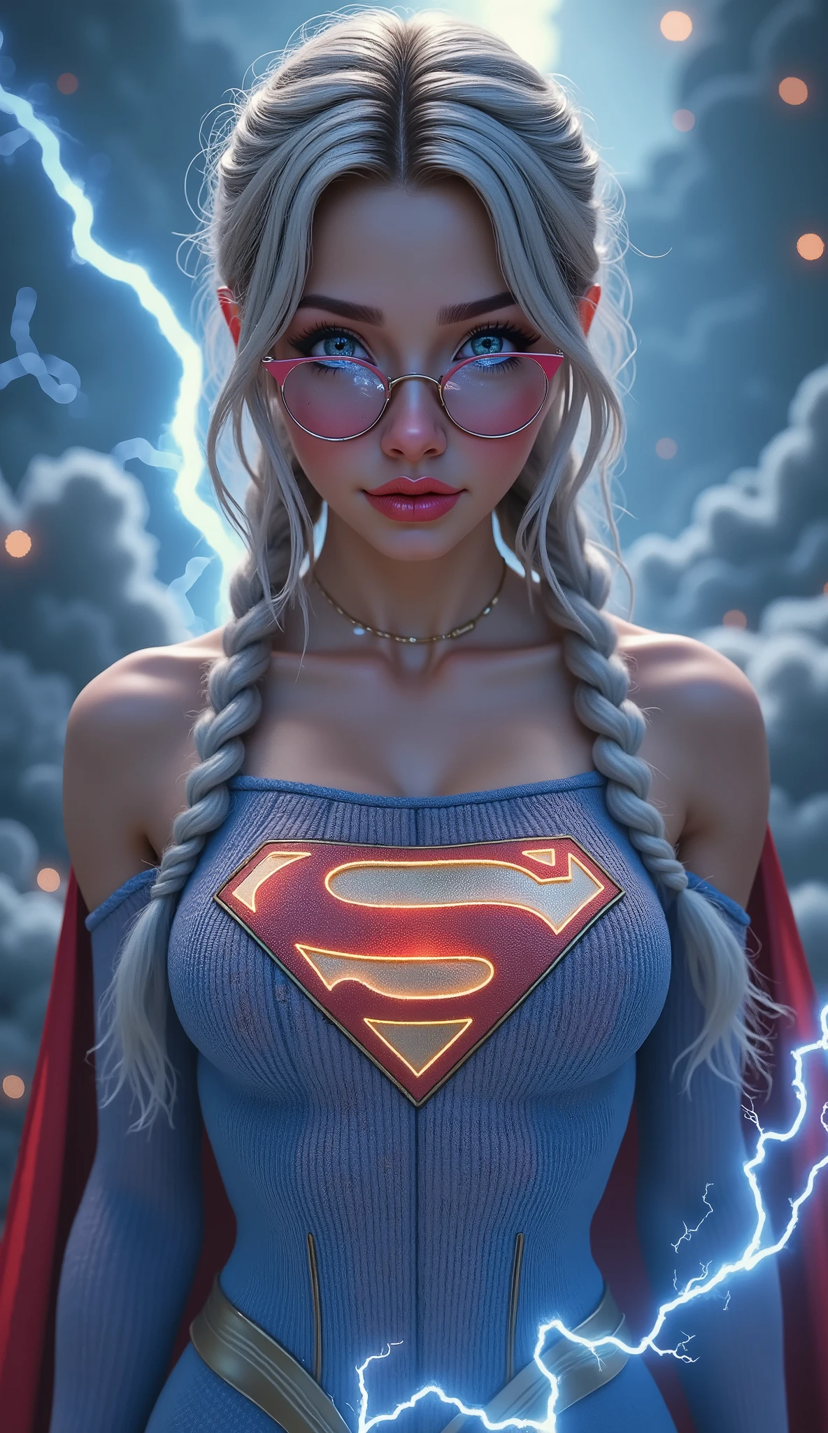 SO CUTE. SCREAMING IN PLEASURE AFTER BEING SEVERLY ELECTROCUTED. 3D ANIMATED STYLE. LARGE "S" EMBLEM APPEARS ON HER CHEST, BODY GROWING LARGER AS SHE TRANSFORMS INTO SUPERMAN. A SEXY YOUNG AUSTRALIAN GIRL WITH BLUE EYES, RED GLASSES, WHITE AND SILVER HAIR BRAIDED, WEARING A BLUE CORDUROY 1980 3D TEXTURED SUPERMAN COSTUME AND RED CAPE STARING AT THE VIEWER. PHOTO REALISTIC, INTRICATE DETAILS, INTICATE TEXTURES, PROESSIONAL 4K RENERING. POWERING UP, SEMI REALISTIC. MASSIVE AMOUNTS OF ELECTRICITY SURGING THROUGH HER.