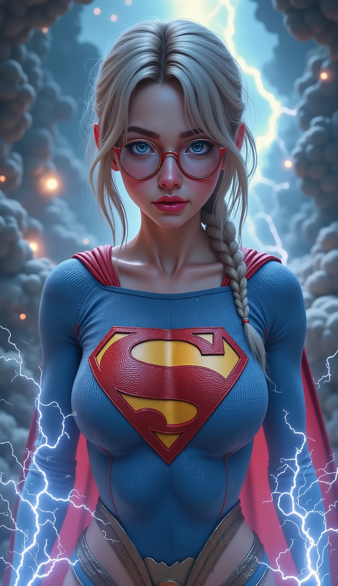 SO CUTE. SCREAMING IN PLEASURE AFTER BEING SEVERLY ELECTROCUTED. 3D ANIMATED STYLE. LARGE "S" EMBLEM APPEARS ON HER CHEST, BODY GROWING LARGER AS SHE TRANSFORMS INTO SUPERMAN. A SEXY YOUNG AUSTRALIAN GIRL WITH BLUE EYES, RED GLASSES, WHITE AND SILVER HAIR BRAIDED, WEARING A BLUE CORDUROY 1980 3D TEXTURED SUPERMAN COSTUME AND RED CAPE STARING AT THE VIEWER. PHOTO REALISTIC, INTRICATE DETAILS, INTICATE TEXTURES, PROESSIONAL 4K RENERING. POWERING UP, SEMI REALISTIC. MASSIVE AMOUNTS OF ELECTRICITY SURGING THROUGH HER.