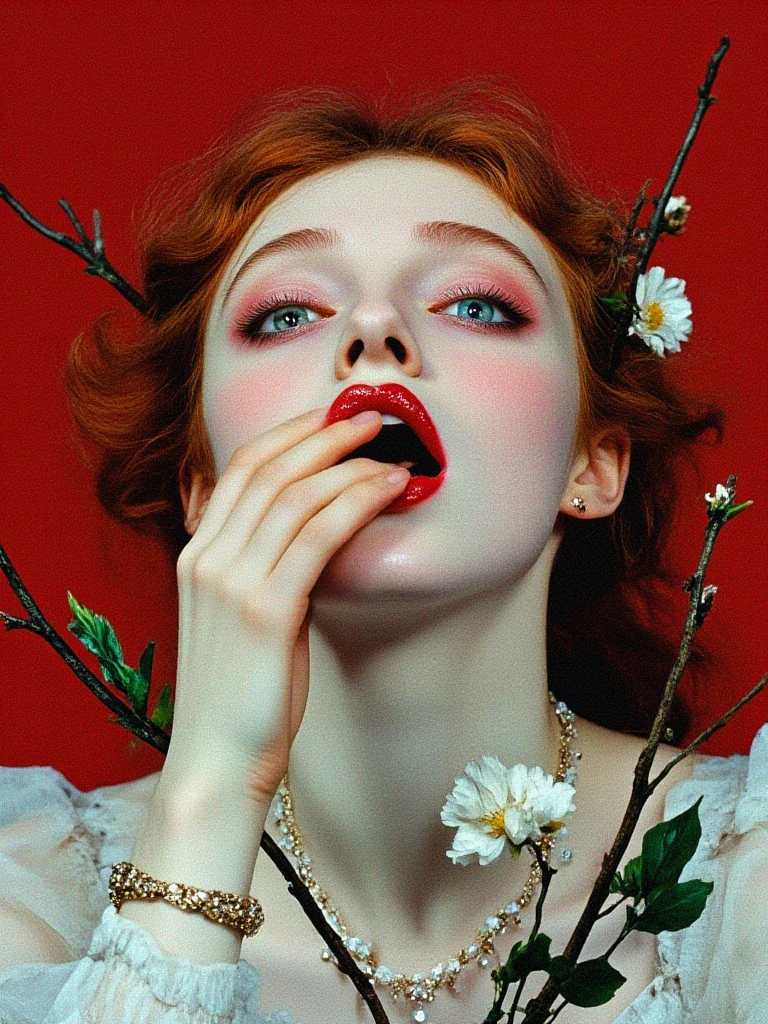 1 girl , multicoloRed Eyes, unique , flower, Jewelry, red background , long hair, necklace, bracelet, hair flower, Redhead, watching the audience , Headdress, simple background , upper body, teeth, multicoloRedhead, bangs, Point to mouth , Raise your hand, clavicle, cosmetic, choker, nail, Lips , Eyeshadow, Red Eyes, blue hair, white flower, Gradient eyes, 茶flower, bare shoulders , branch, finger in own mouth, face tag , leaf , masterpiece, Best Quality ,up to date,