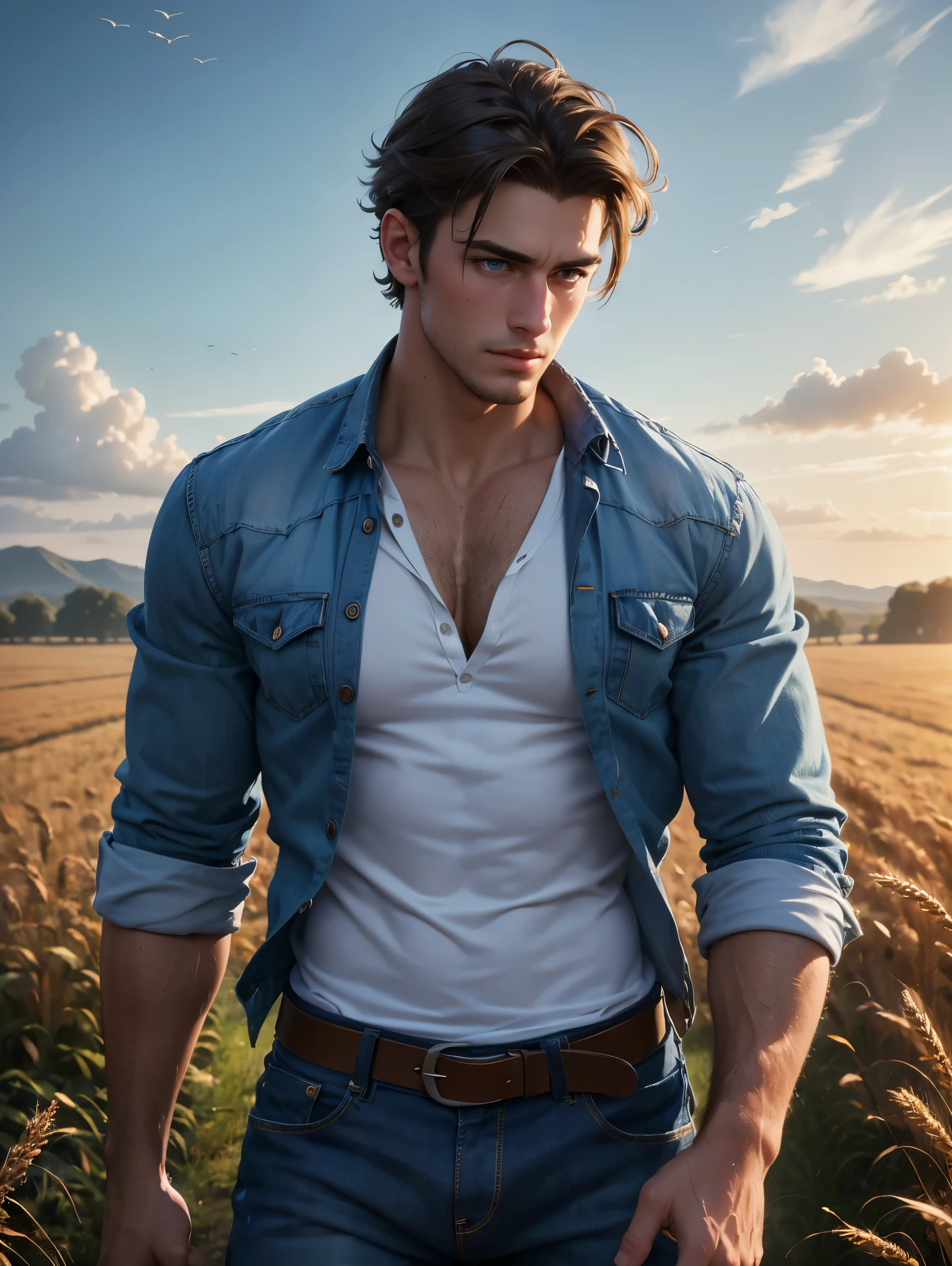 Masterpiece, best quality, 8k, raw, canon 5d, f/1.8, iso 6400, wide angle, realistic, movie, poster, photo, (facial details), mature, handsome, field, wheat field, autumn, plain, trees, blue sky, Rugged Handsome Senior Man No Clothes, Muscular, Chest Hair, Shirtless, Masterpiece, Best Quality, High Resolution, Realistic, Standing, Perspective, Medium Shot, Ground View,