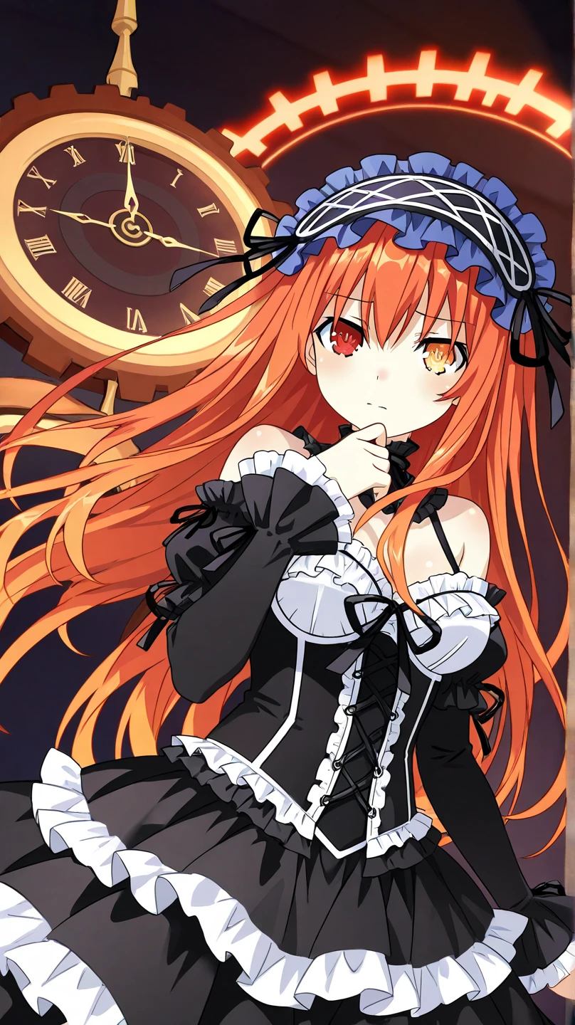 Anime girl in red, orange and black suspender skirt in front of graffiti wall, 25 years old,long hair anime girl, She has long orange-yellow hair., Attractive anime girl,Bare arms,Bare arms,Bare legs,Black necklace,Front view,First Perspective,high quality,16K,Exciting appearance,very clearly,Exquisite mature facial,Royal sister,Simple black suspender skirt,Alone,Standing front